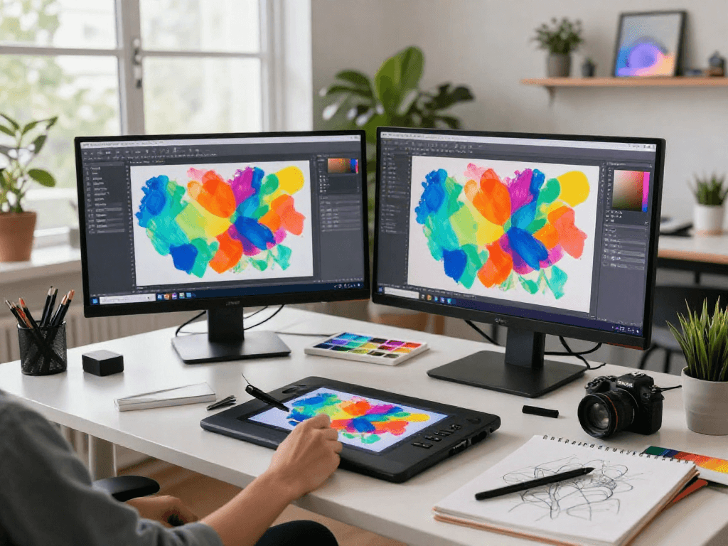 AI artist creating vibrant digital art in a modern studio, showcasing creativity with AI technology.
