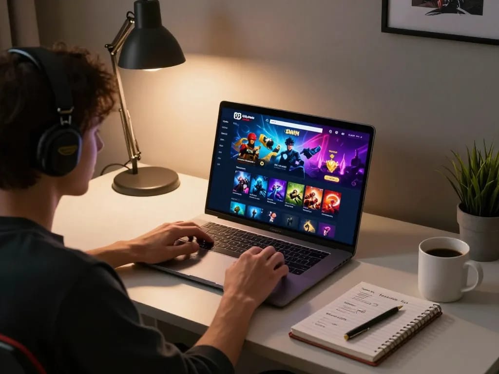 Cổng game Dwin displayed on a laptop in a cozy home gaming setup with a person engaging in strategic gameplay.