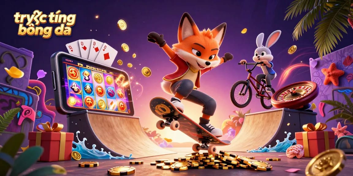 Experience trực tiếp bóng đá with a dynamic 3D scene featuring animated casino-themed characters.