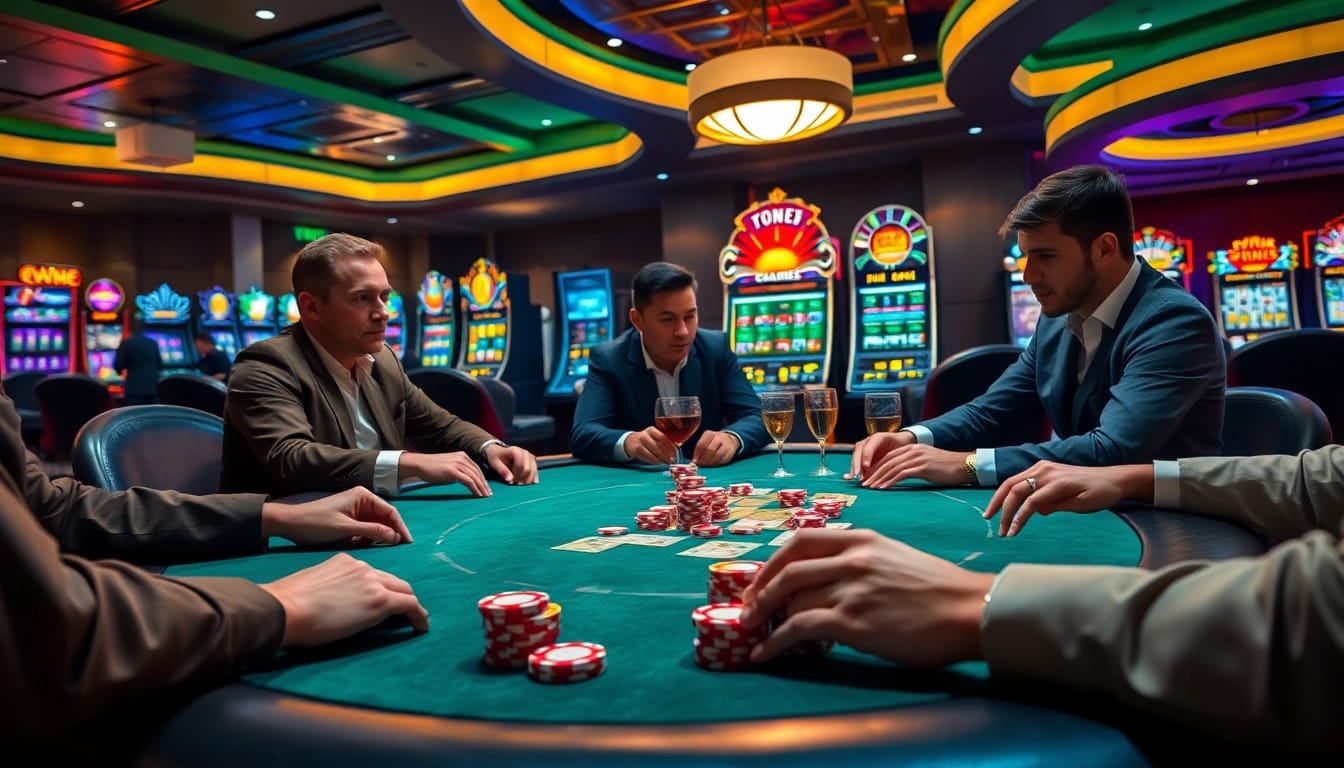 Excited players engaged at the poker table in a luxurious 789F casino.