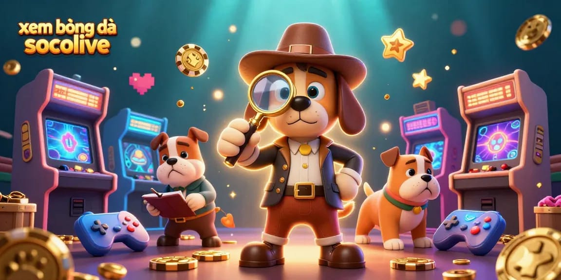 Experience xem bóng đá socolive with a vibrant gaming scene featuring cartoon detectives and colorful casino elements.