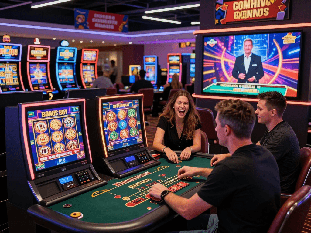 Casino players engaging at non-GamStop sites, showcasing vibrant games and bonuses from https://neccr.org.uk, illustrating excitement and interaction.