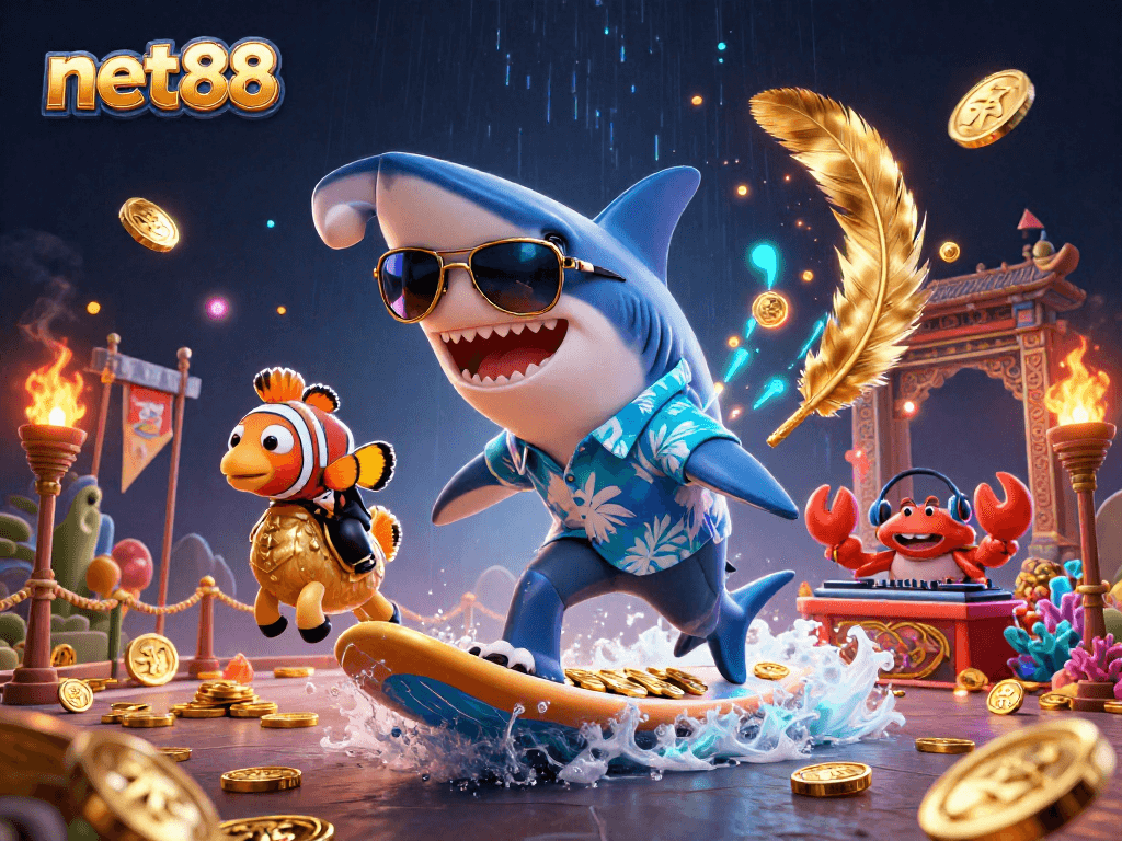 Experience excitement with net88 as a shark surfs on coins, surrounded by casino elements.