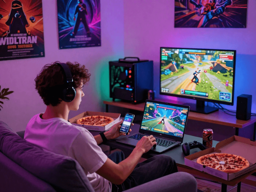 Engaging scene of a gamer playing a porn game online in a cozy atmosphere with vibrant graphics.