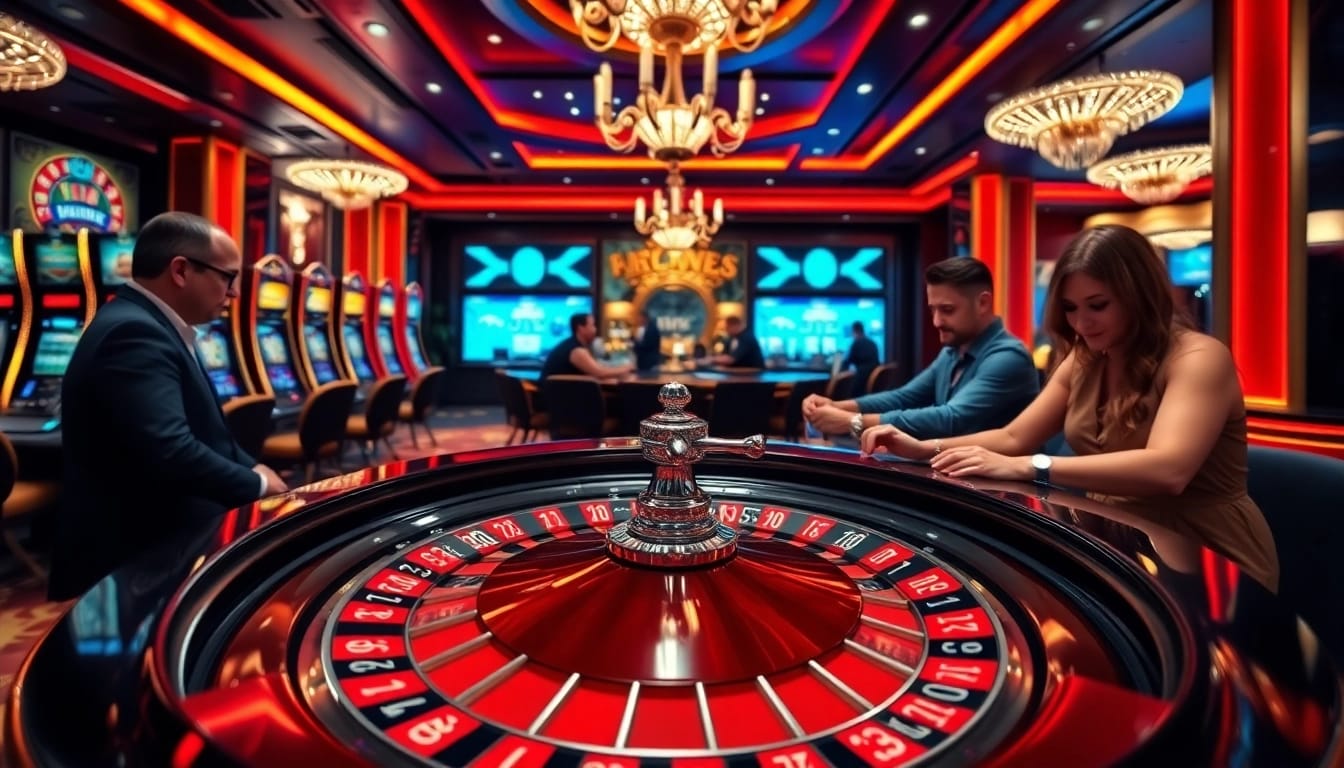 Engaging scene at https://rr88.black/ casino with players at a roulette table and vibrant slot machines.