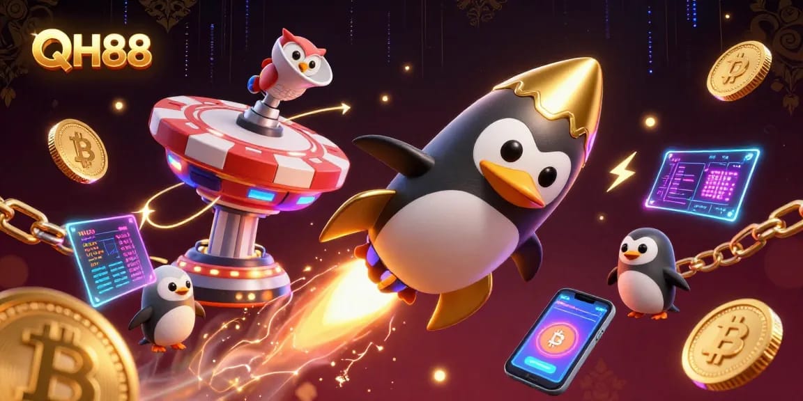 Experience QH88's vibrant casino universe with a dynamic 3D penguin and crypto elements.