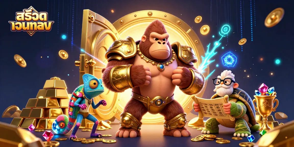 Engage with the thrilling world of สล็อตเว็บตรง, featuring dynamic characters in a vibrant casino scene filled with treasures.