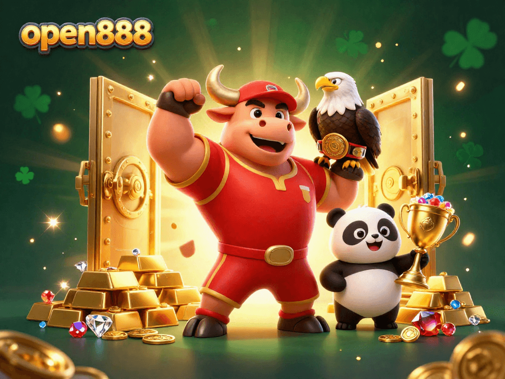 Experience the thrill of winning at open888 with a lively 3D casino scene filled with vibrant characters and treasures.