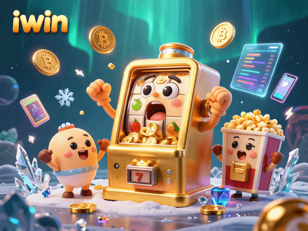 iwin slot machine wins jackpot causing gold coins to burst in celebration, with cheering machines and Bitcoin coins