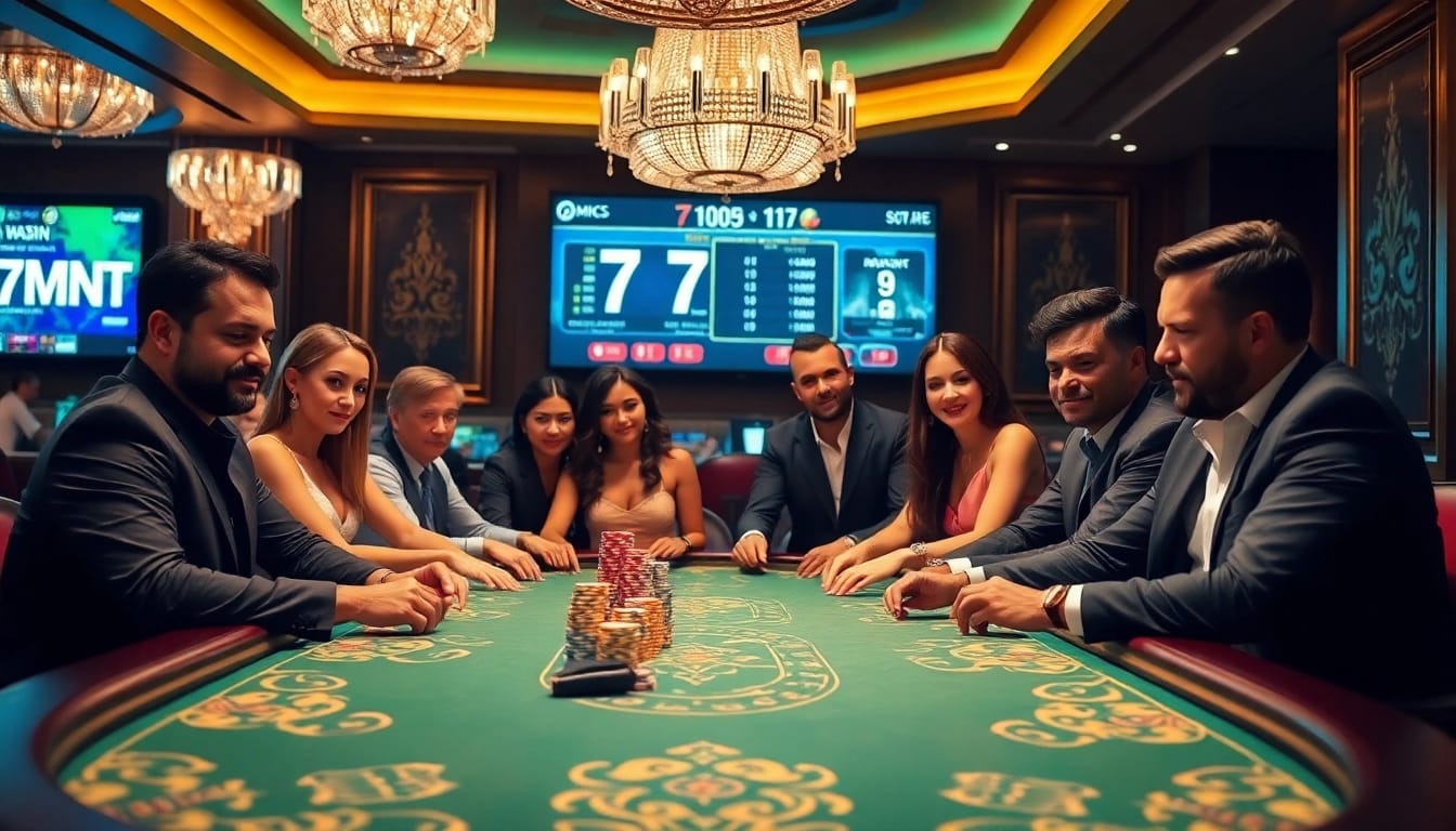 A group of players enjoying a thrilling poker game, highlighting 7mcn live scores and gambling excitement.