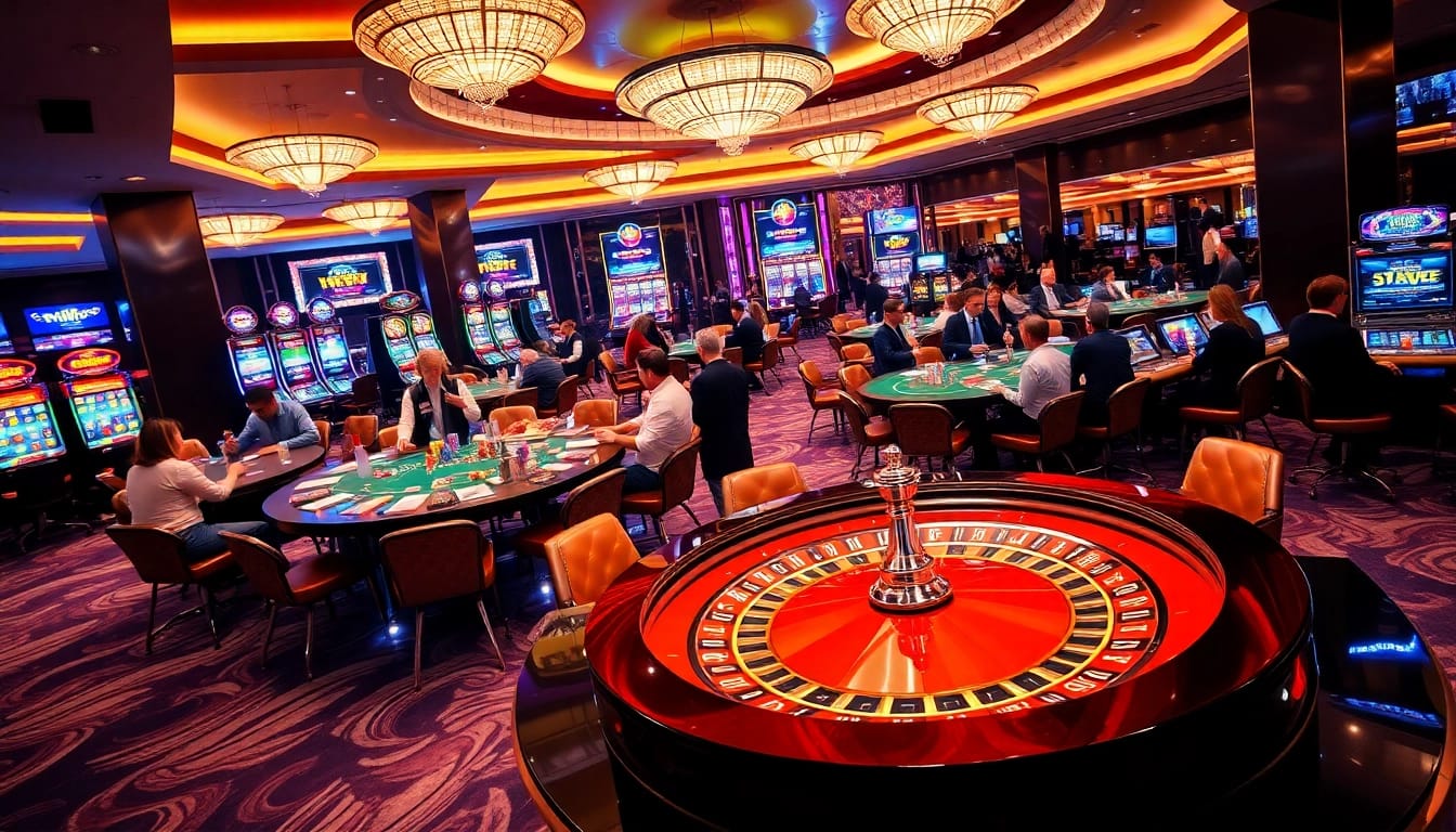 Engaged players enjoying a thrilling casino atmosphere at https://mu88.camp/, featuring roulette and poker games.