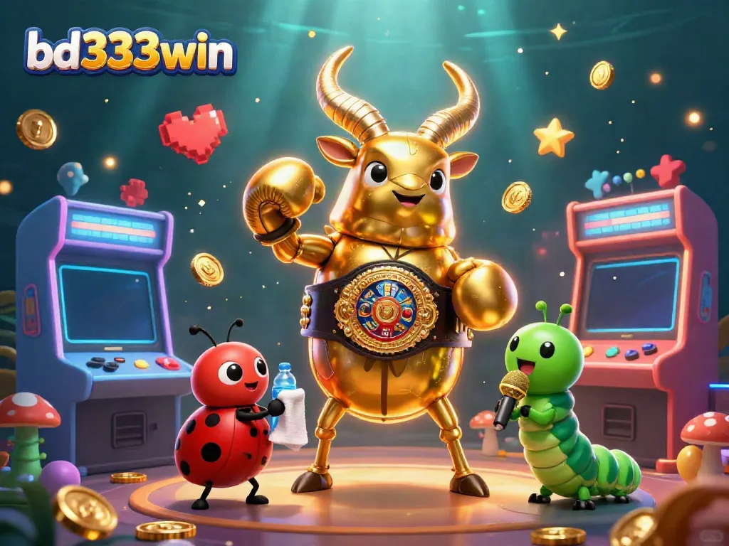 Engage in action at bd333win with a lively gambling scene featuring a golden beetle champion facing off amid arcade games and vibrant graphics.