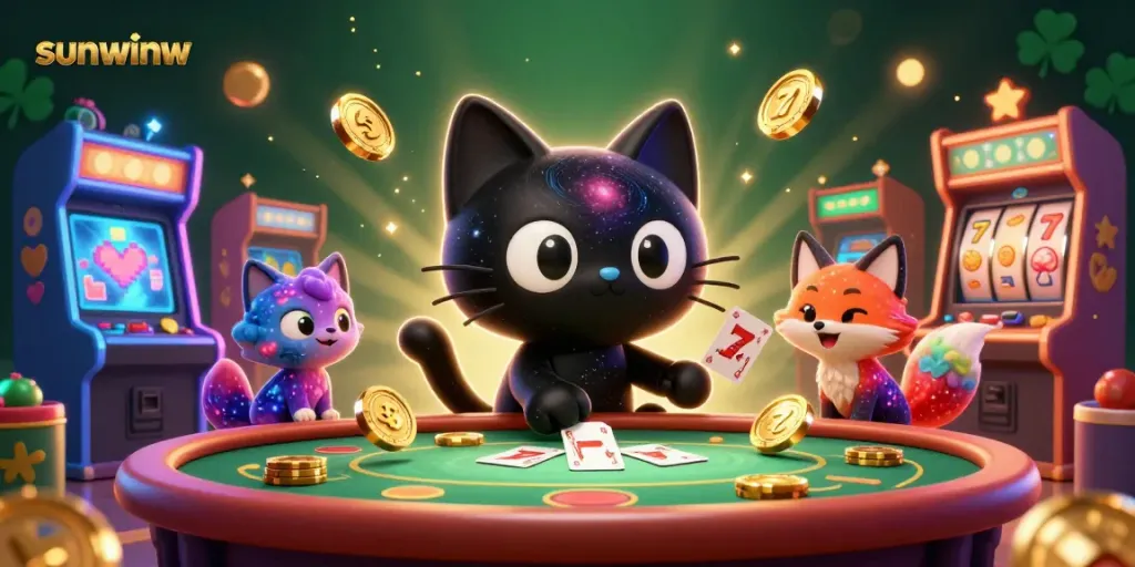 Engage with sunwinw's cosmic casino table, featuring a black hole cat and colorful gaming elements.