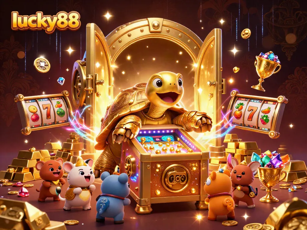 Spin the lucky88 slot reels with golden tortoise in a vibrant casino scene filled with jewels.