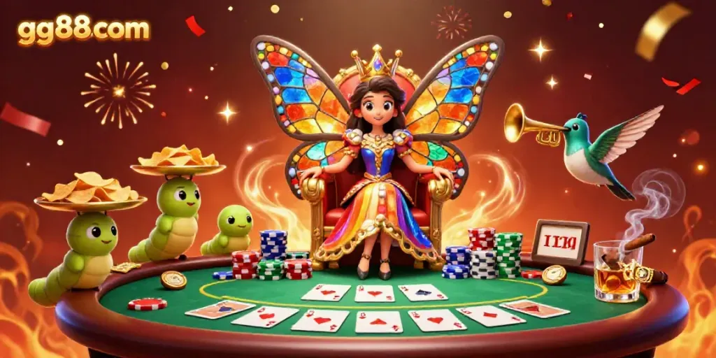 Experience thrilling gaming at gg88com with a colorful butterfly queen and vibrant casino elements.