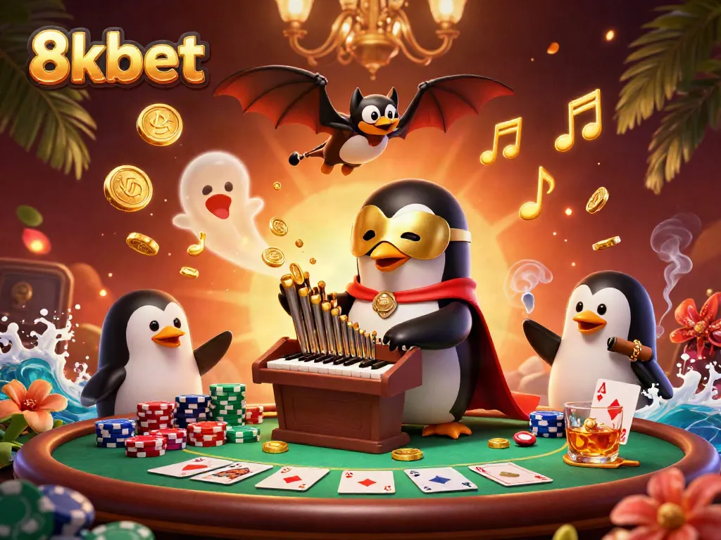 Experience the thrill of 8xbet with a dynamic 3D casino scene featuring poker and golden coins.