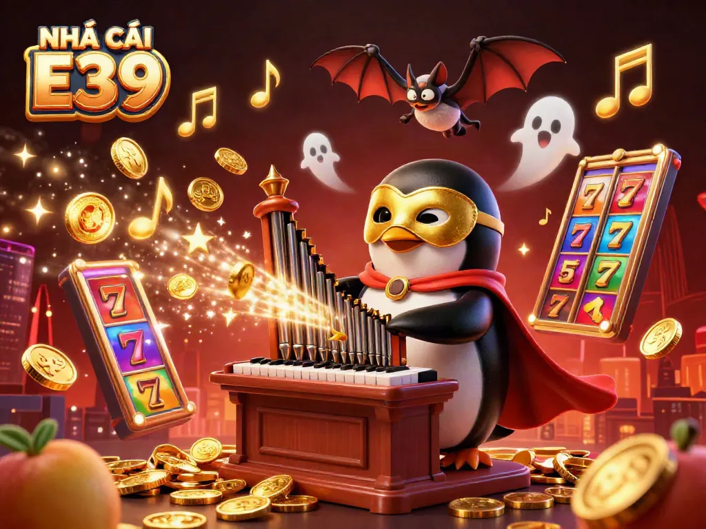 Experience thrill at NHÀ CÁI E39 with a cartoon penguin playing a winning organ, surrounded by vibrant slots.