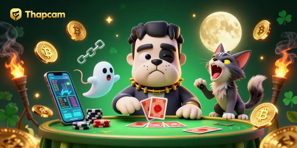 Thapcam showcases thrilling casino atmosphere with a spooky dog dealer amidst crypto coins.