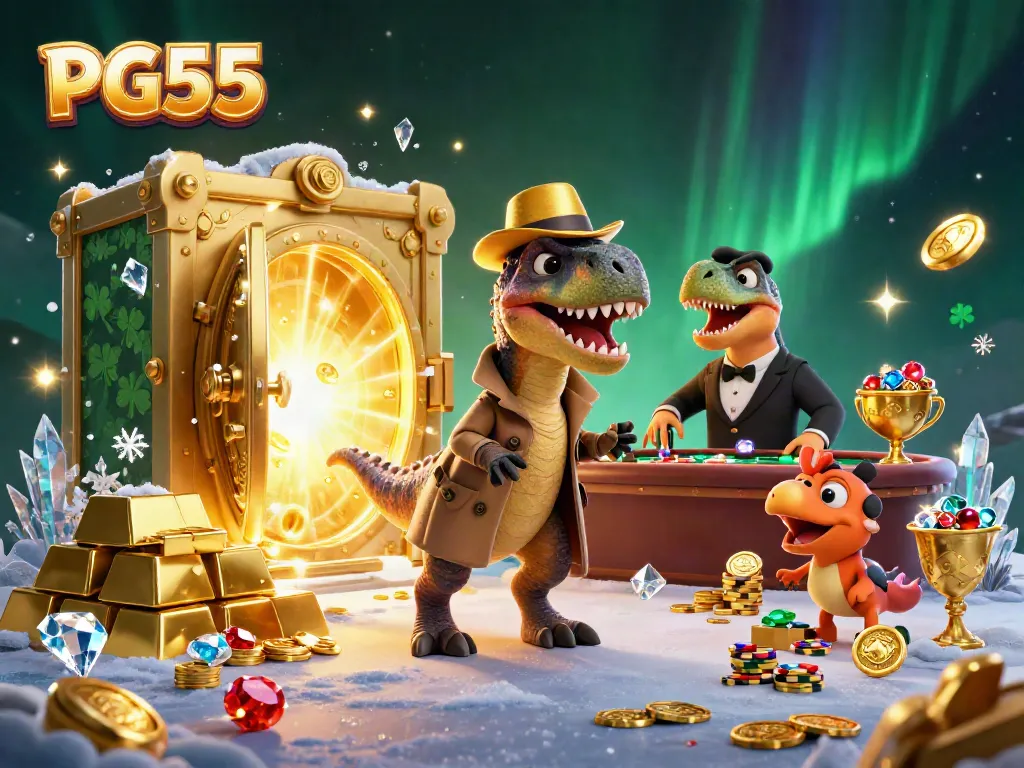 PG55 brings excitement to the table as a velociraptor card counter interacts with a suspicious pit boss in a thrilling casino scene.