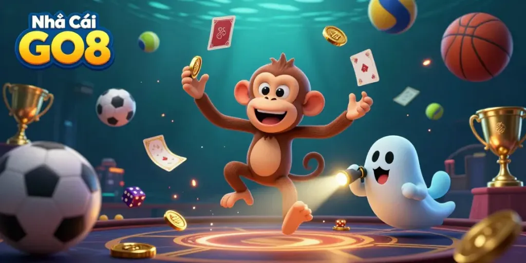Experience the thrill at Nhà Cái GO8 as our mischievous poltergeist monkey juggles golden treasures in a vibrant casino.