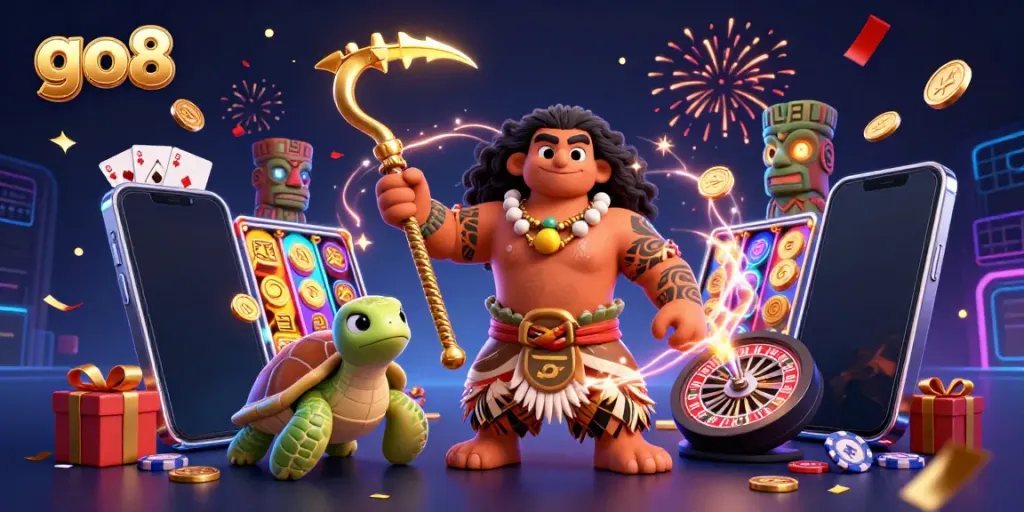 Join the excitement at go8 with a vibrant 3D scene featuring a demigod hawk and engaging casino elements.