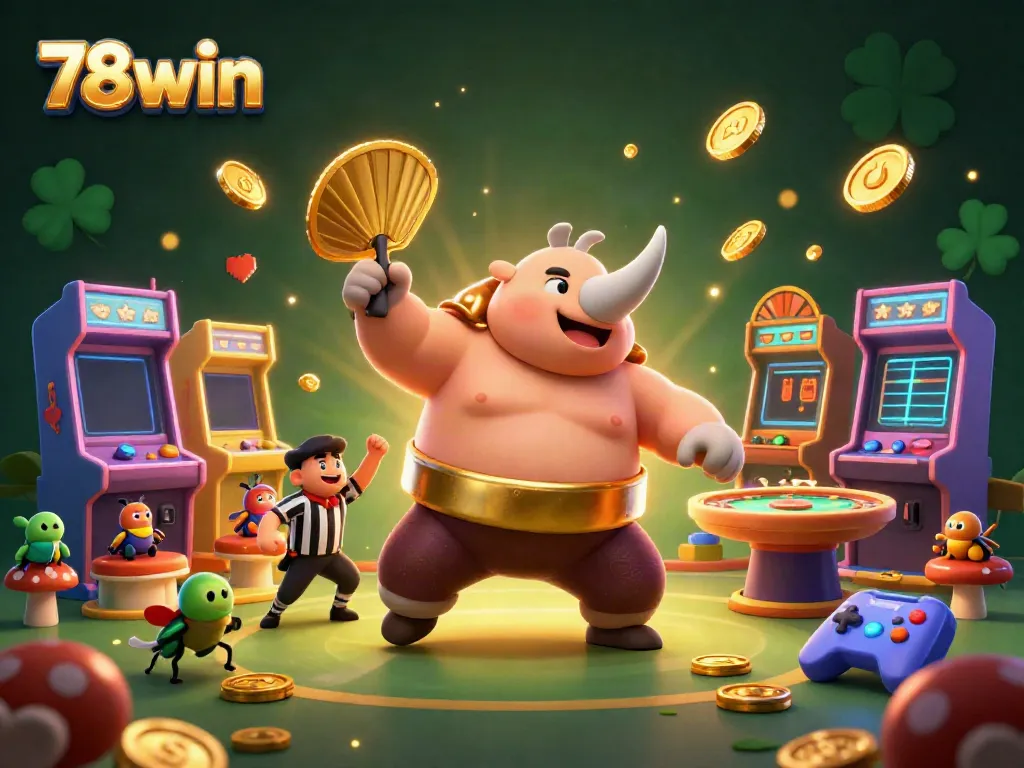 Experience thrilling gameplay with 78win as a sumo beetle champion sends coins flying in this vibrant casino scene.