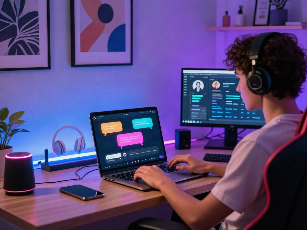 Engaging AI chat porn interface in a modern home office with vibrant lighting.