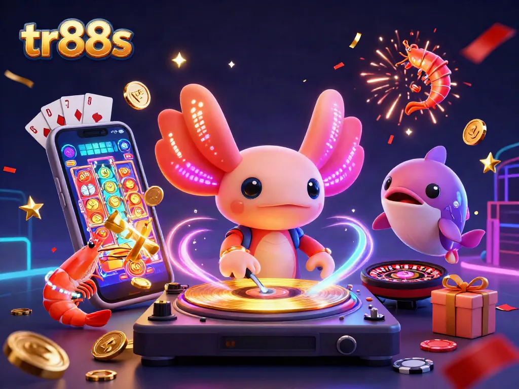 Spin to win with tr88s in this vibrant casino scene featuring a colorful axolotl DJ and lively characters.