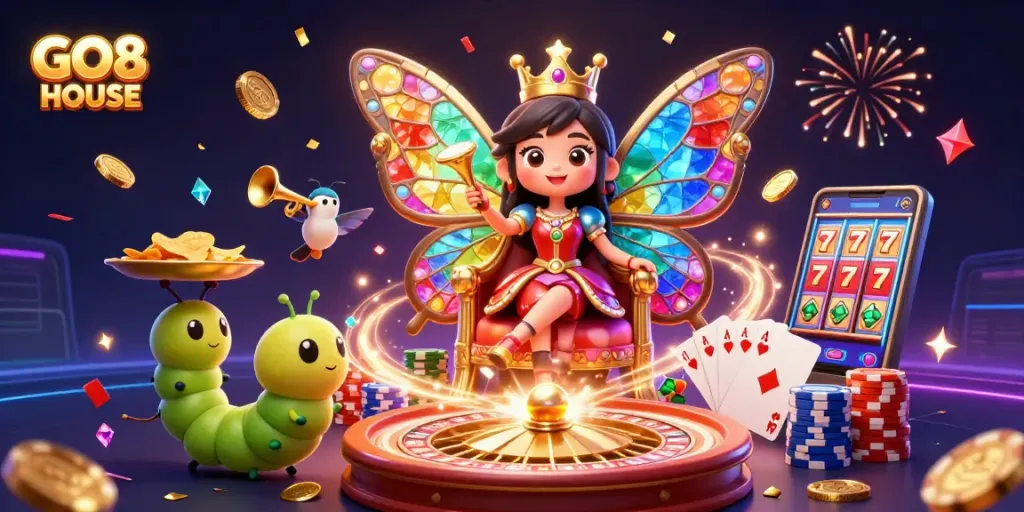 Experience the excitement at GO8 HOUSE with vibrant casino-themed characters, golden chips, and dynamic gaming elements.