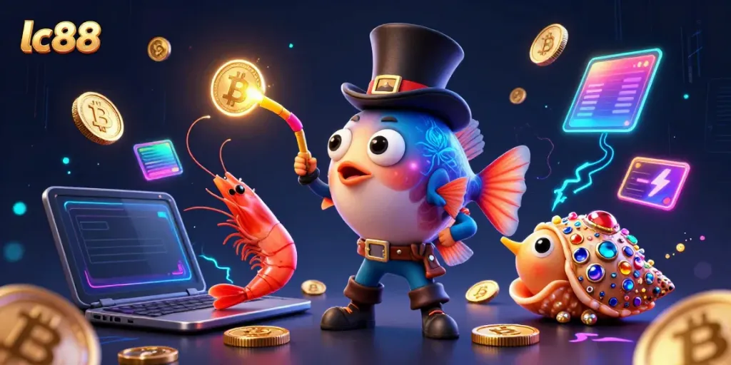 Experience thrilling gaming with lc88's vibrant 3D illustration of underwater treasures and crypto elements.