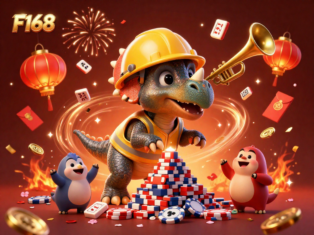 Celebrate wins at F168 with vibrant 3D illustration featuring lively casino elements and characters.