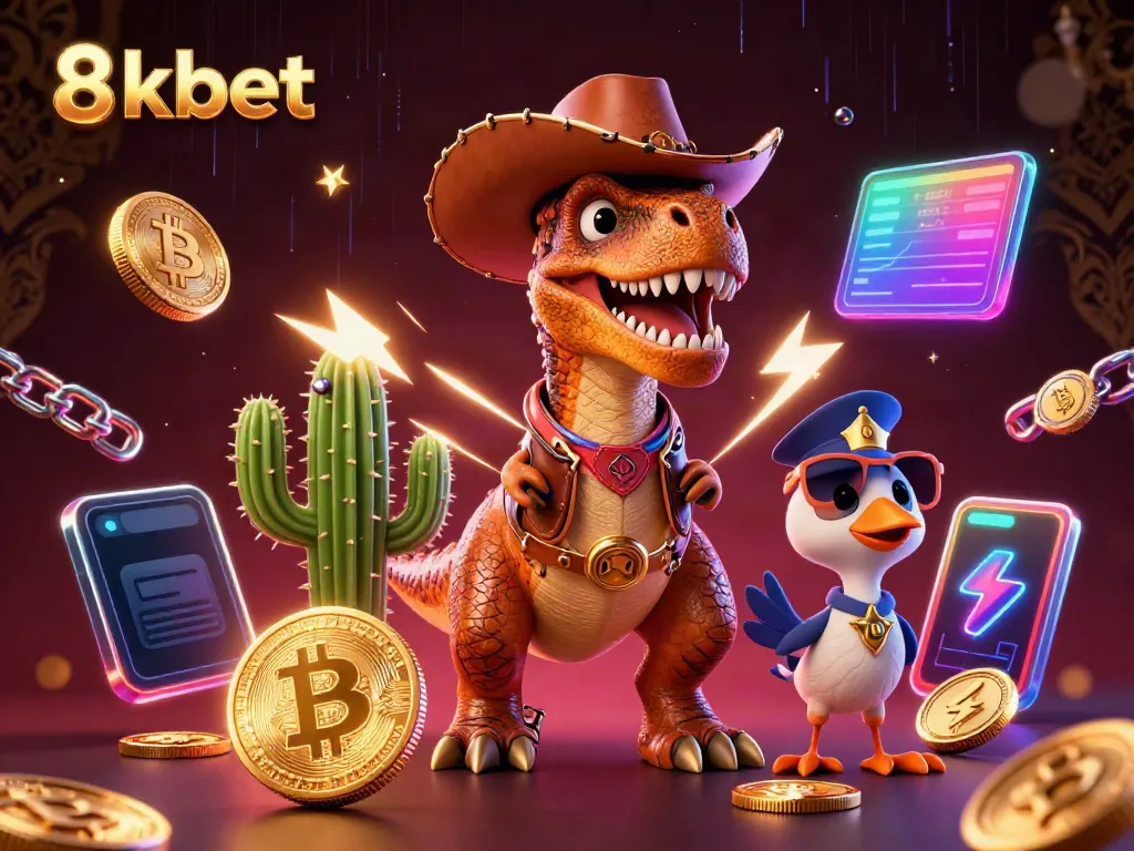 Engage with thrilling gaming action at 8xbet, showcasing a fun dinosaur cowboy and gaming elements.