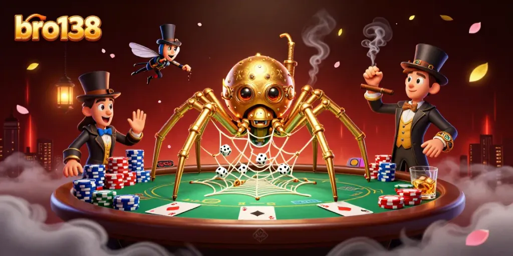 Interact with the bro138 online casino environment, featuring a steampunk spider and poker excitement.