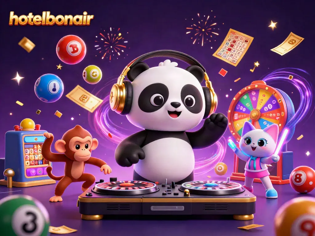 Engage with thrilling moments at hotelbonair featuring a DJ panda, dancing monkey, and glow-stick kitten in a vibrant casino scene.
