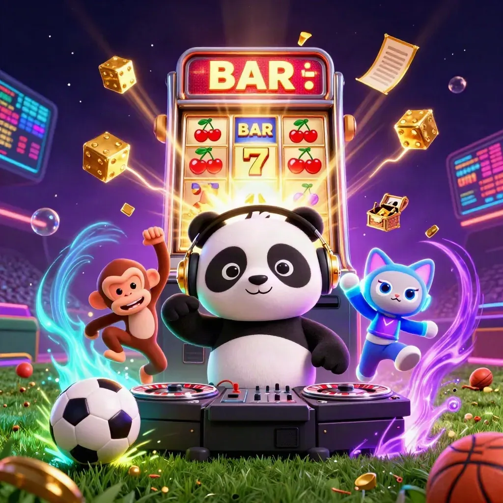 Panda DJ, dancing monkey and glow-stick kitten amid exploding slots, sports balls and gold.