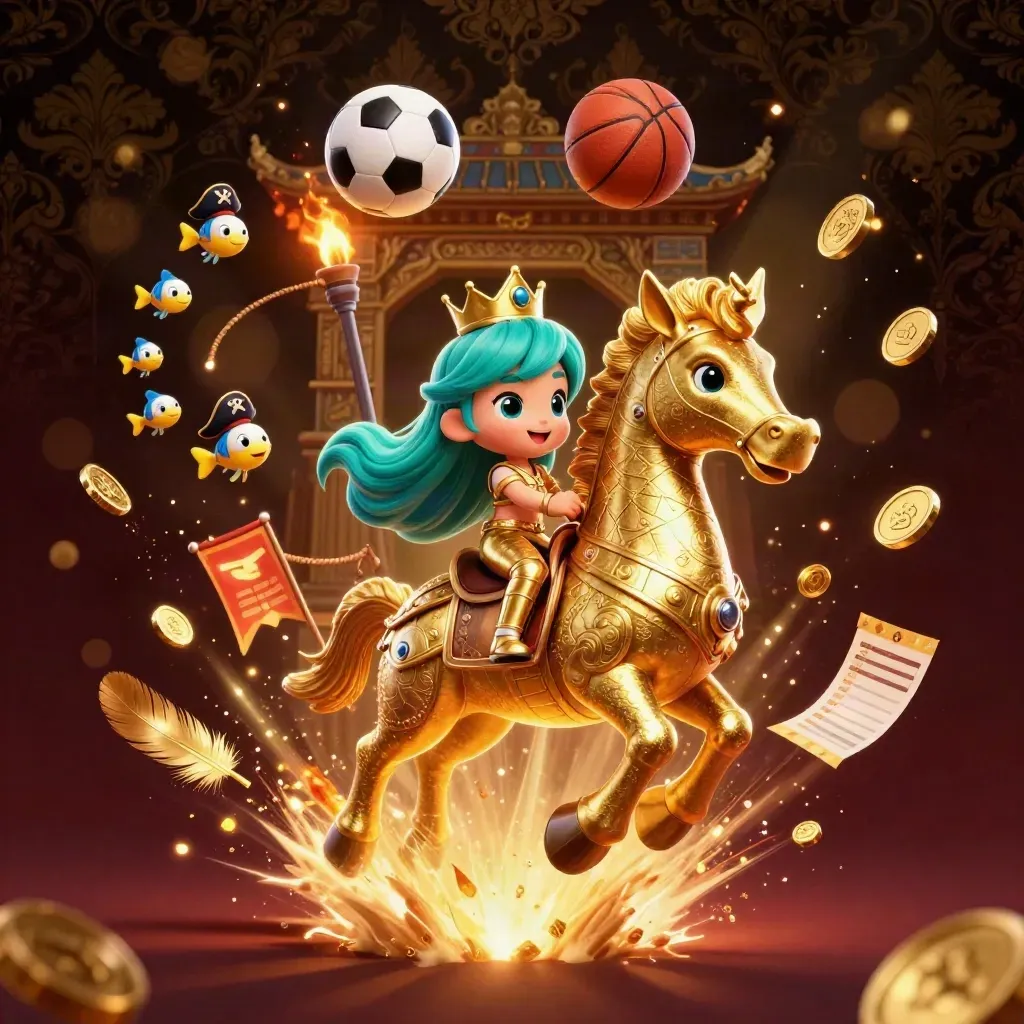 Mermaid princess rides armored seahorse amid fish, gold coins, balls, and casino glow
