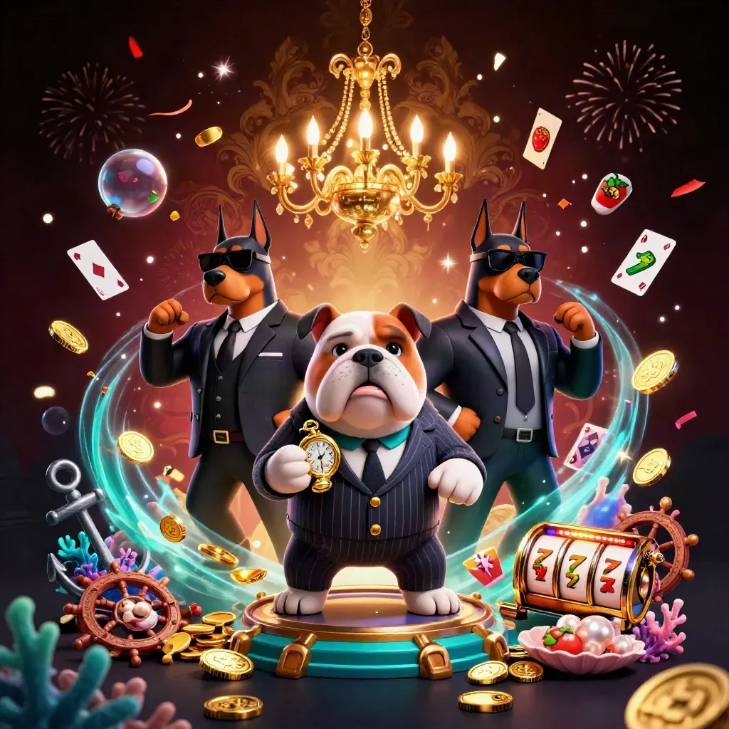 Bulldog mafia boss and Doberman guards amid treasure, coral, gold sparks, and casino-style glow.