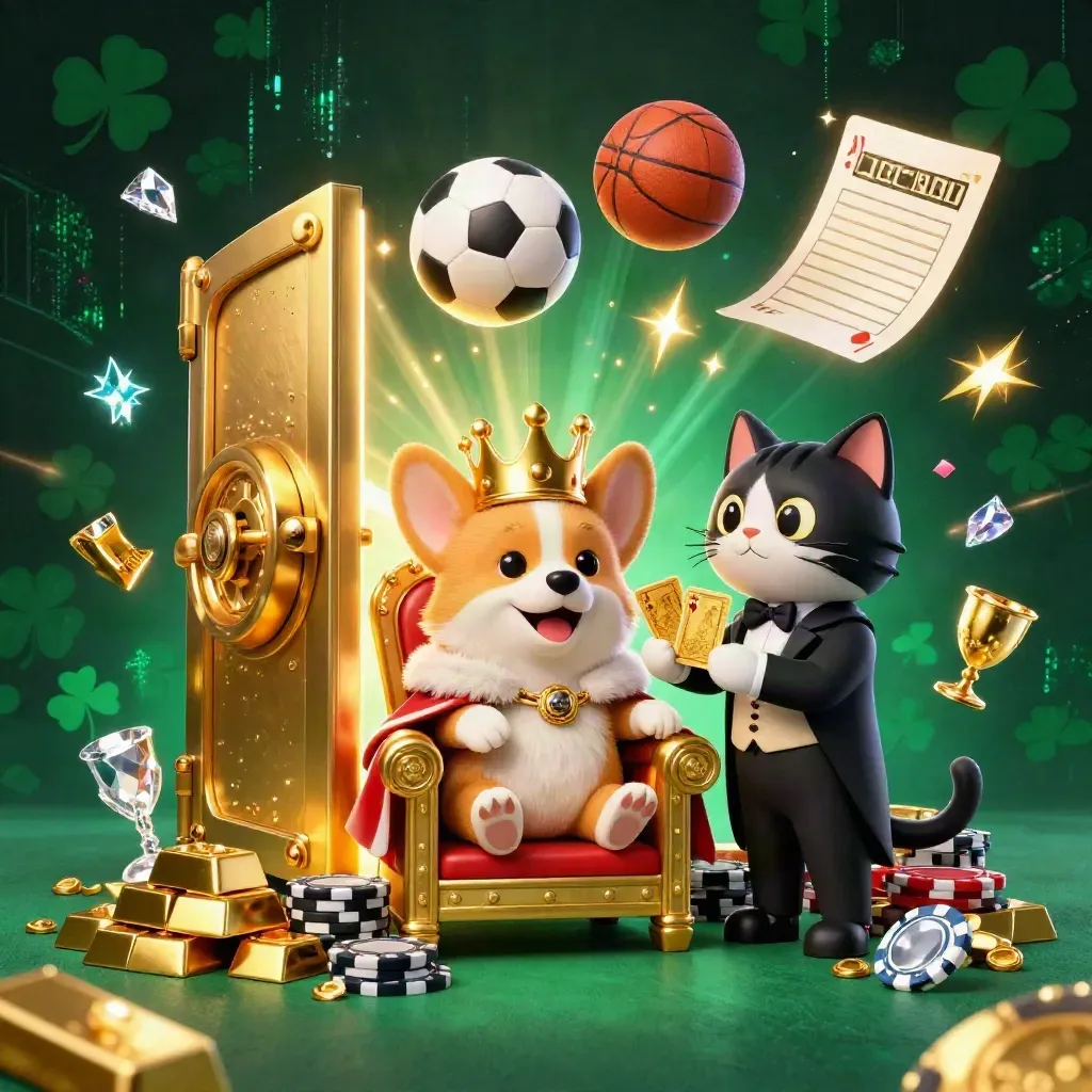 Royal corgi and cat butler amid casino loot, sports balls, and vault light