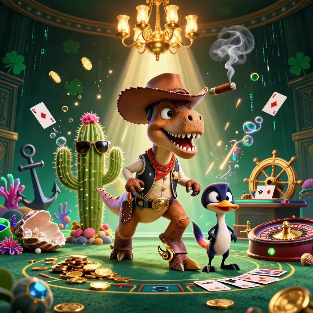 Cartoon cowboy T-Rex with cactus and roadrunner in a luxe casino-treasure cove of gold, coral and neon.