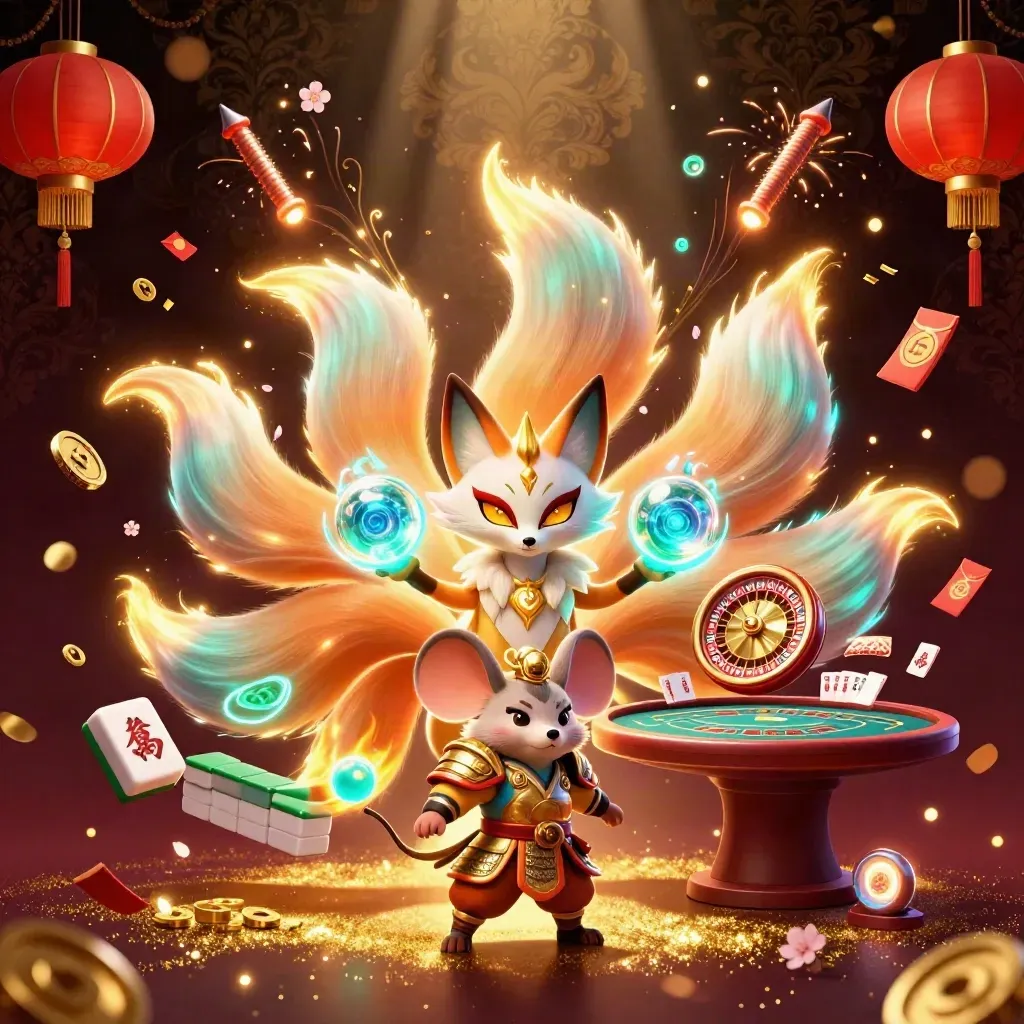 Neon fox spirit and armored mouse amid casino-luck icons in a luxe damask room