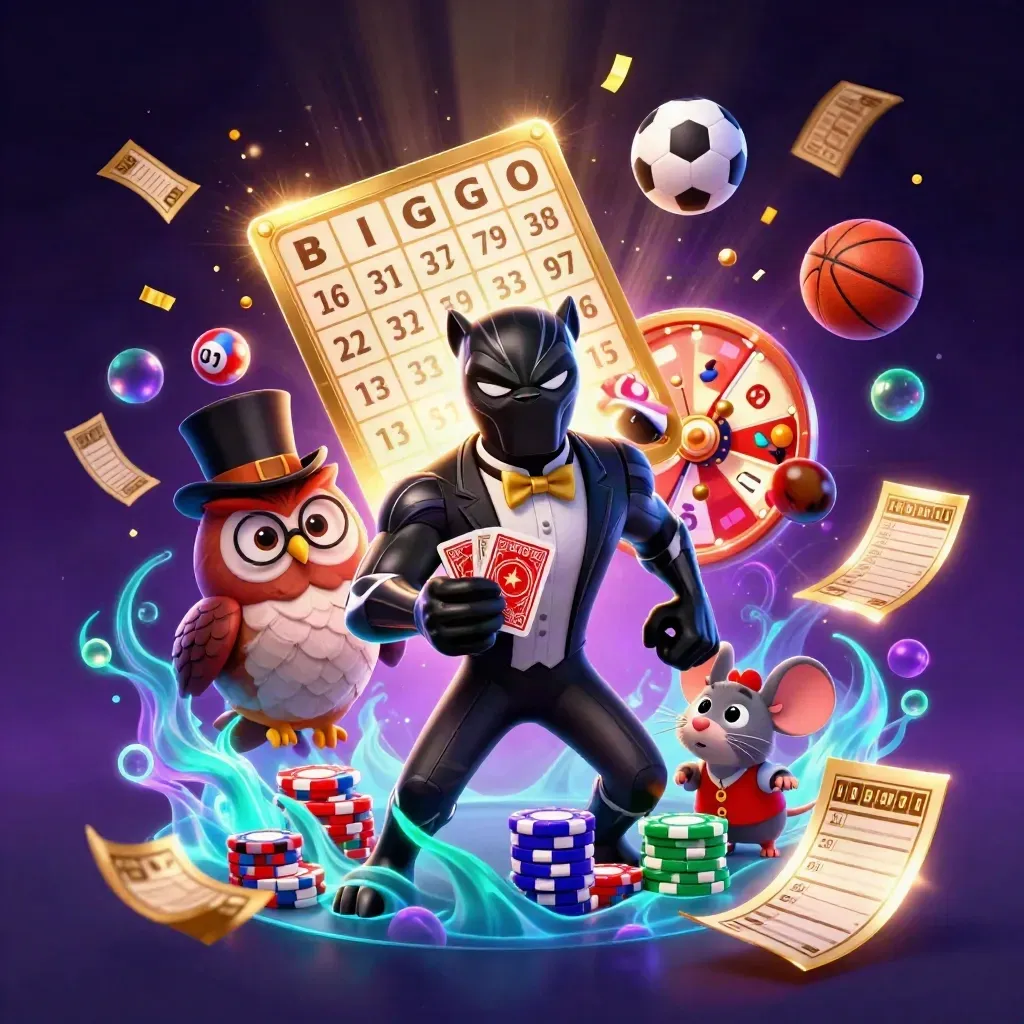 Black panther, owl and mouse amid casino props, balls and sports gear in neon glow.