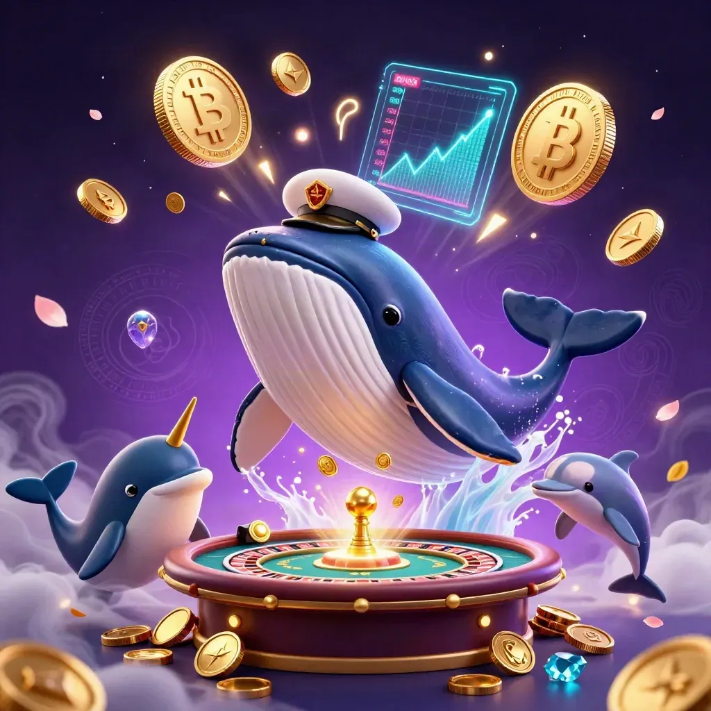 Whale captain, narwhal and dolphins in a luxe casino scene with crypto glow and a spinning wheel.