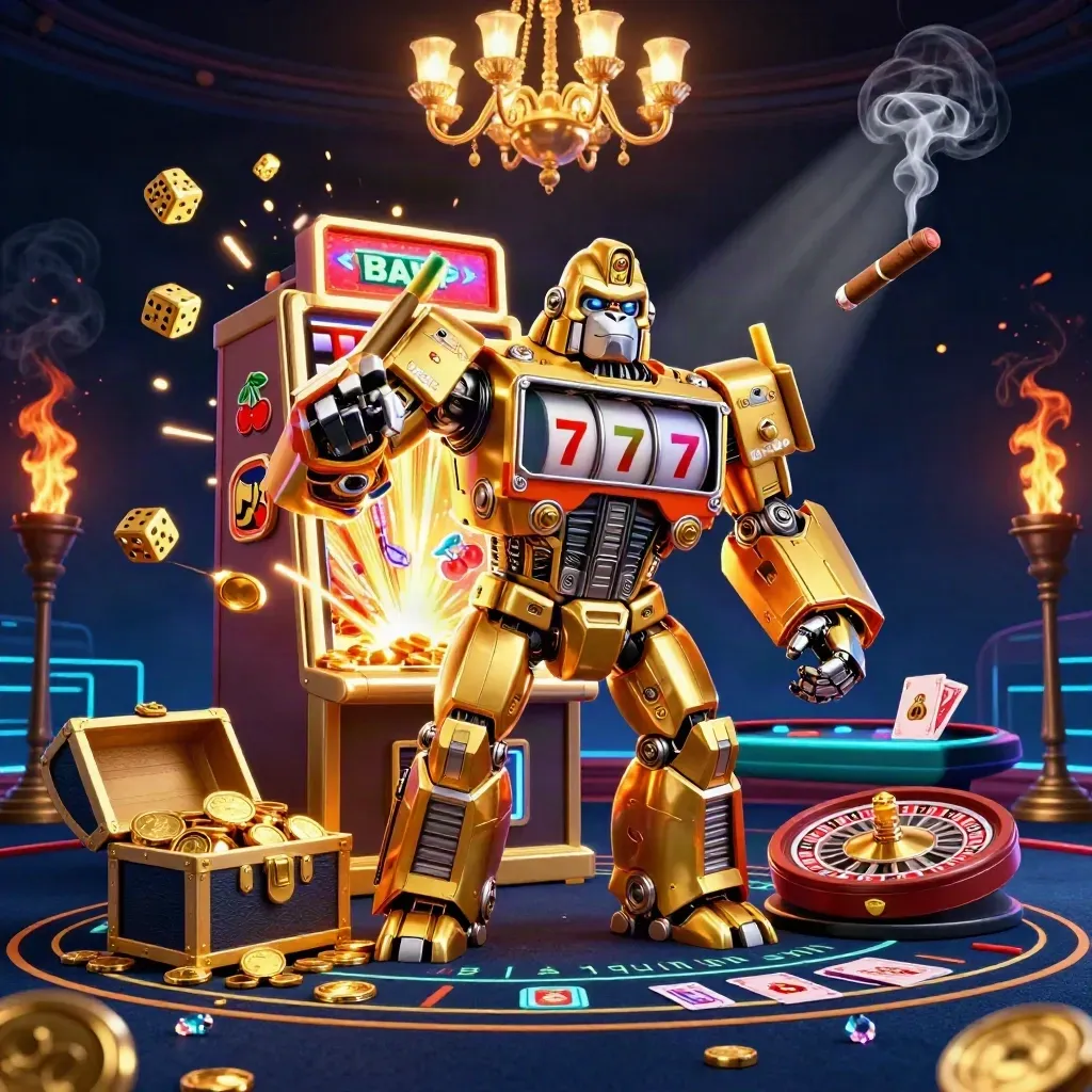 Golden gorilla slot mech with monkey pilot amid jackpot rays, dice, treasure, neon casino lights.