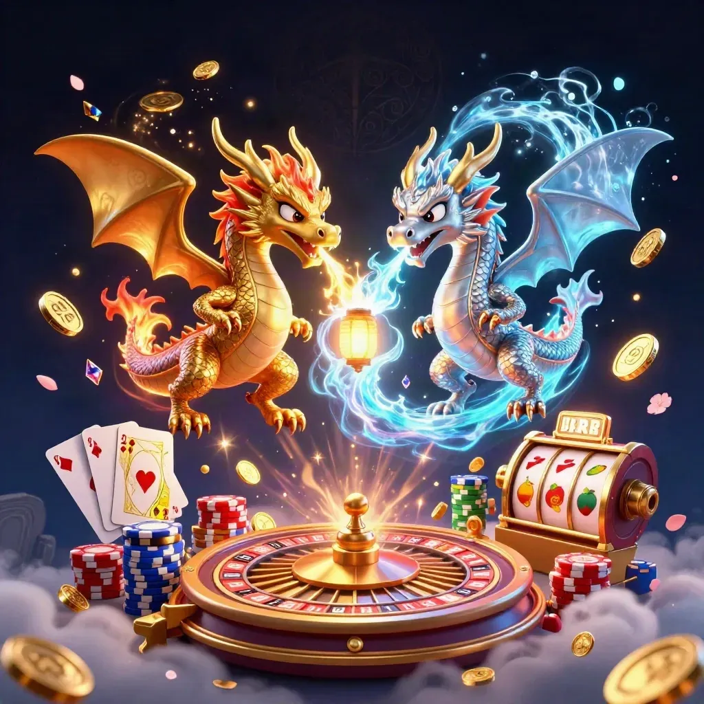 Twin gold and silver dragons orbit a lantern spirit as coins, gems, and casino treasure burst outward.
