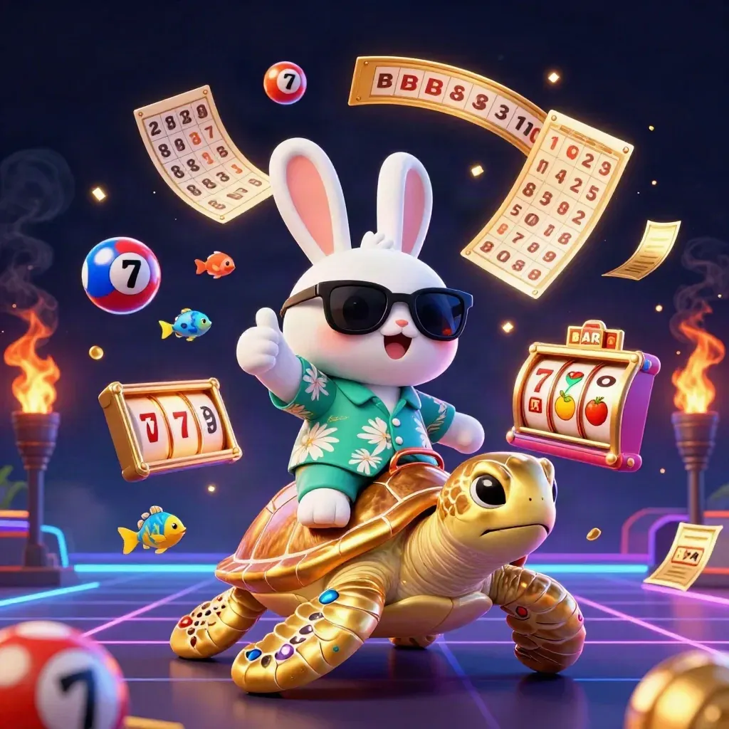 Lucky rabbit rides a gem turtle as fish and casino tokens burst in neon gold