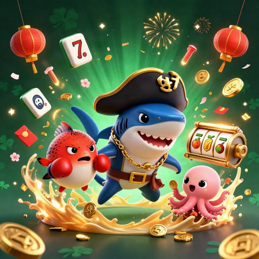 Pirate shark, boxing pufferfish and octopus amid gold coins, lanterns and fireworks in casino key art.