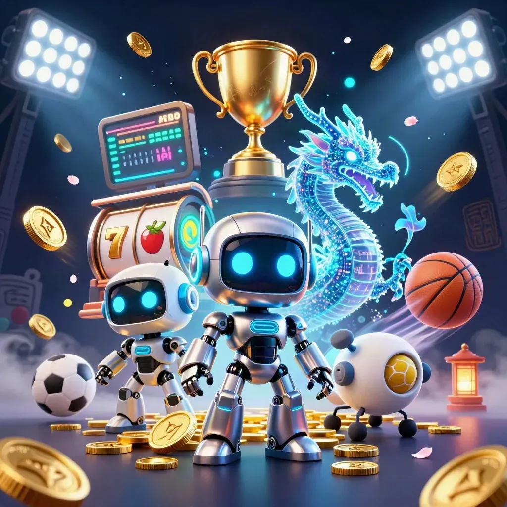 Cyberpunk robot, holographic dragon and coin drone amid gold bursts and blue magic.