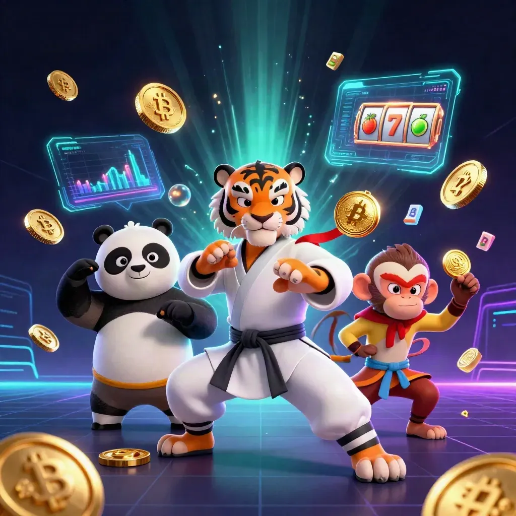 Kung-fu tiger, panda, and monkey amid glowing coins, reels, and neon tech on a dark casino backdrop.