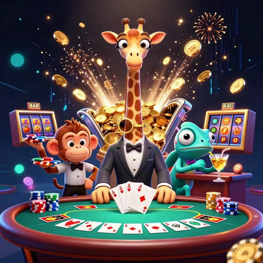 Giraffe, monkey valet and chameleon bartender amid casino gold, chips, reels and fireworks