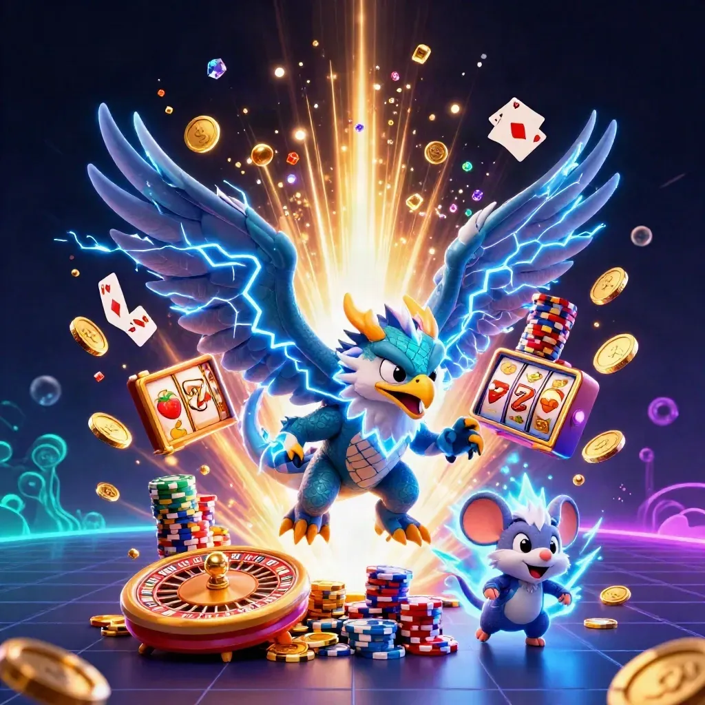Thunder dragon, wind hawk, and static mouse amid casino coins, cards, chips, and neon bursts